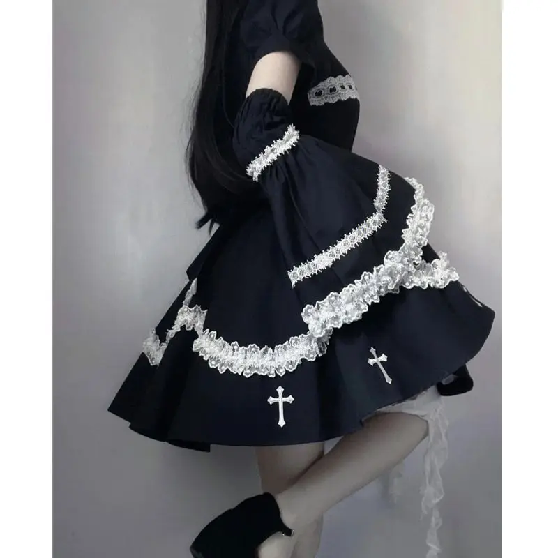 Japanese Black Gothic Lolita Dress Women Kawaii Preppy Style Lace Ruffles Hollow Midi Dresses Female All-Match Y2k Cute Dress