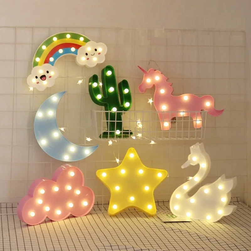 LED 3D Cloud Marquee Night Light WALL Battery Operated Flamingo Beast head Stars ABS Desk Lamp For Kid's Party Bedroom Decor