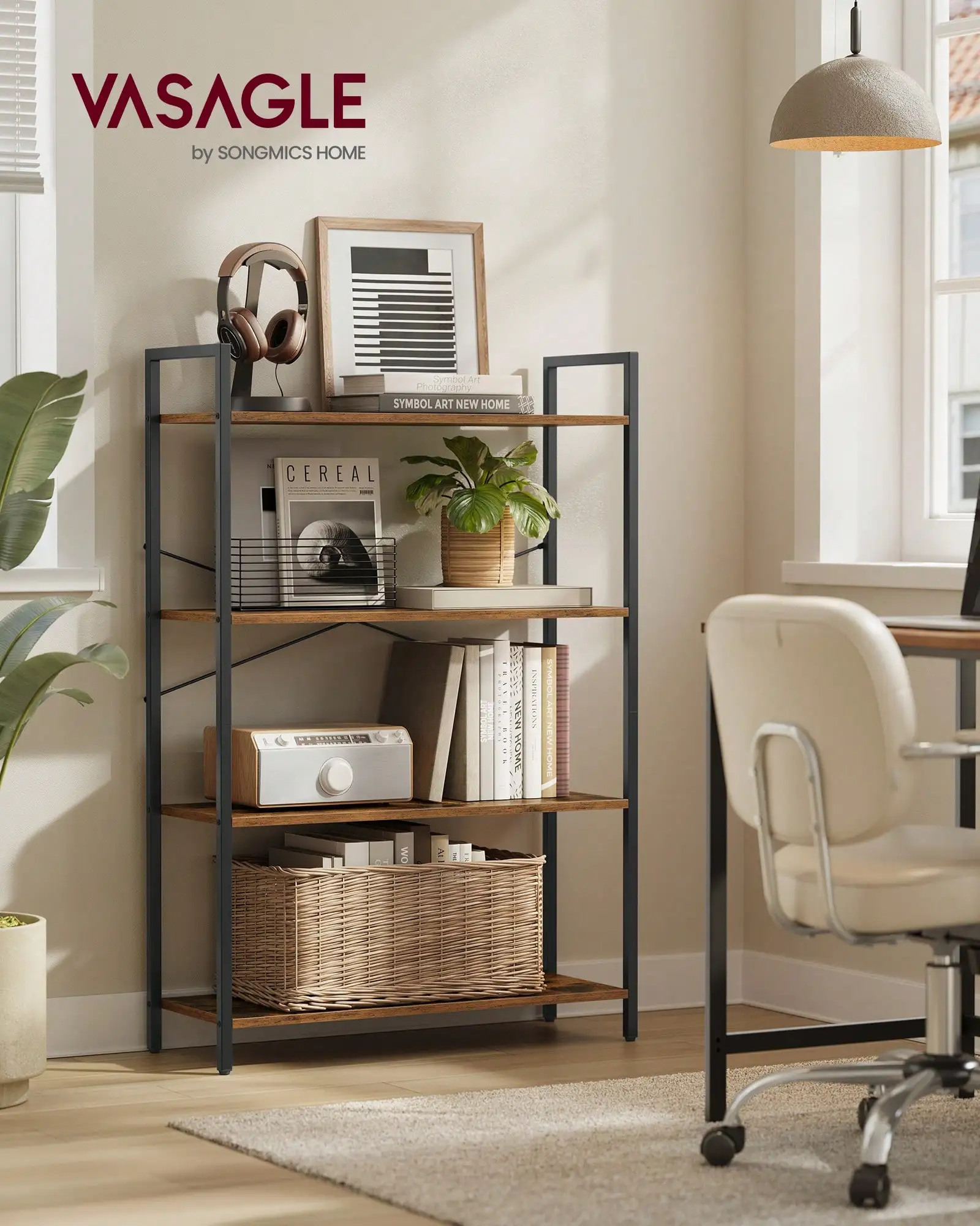4-Tier Tall Bookshelf, Large Bookcase With Steel Frame, Deep Book Shelf For Living Room, Home Office, Study