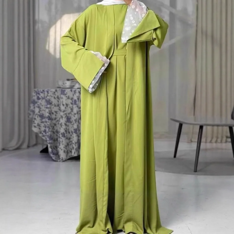 Eid Women Dress Suit Muslim 2 Piece Sets Cardigan Robe Lace Dresses Abayas Jalabiya Dubai Kaftan Islam Vestidos Morocco Ramadan