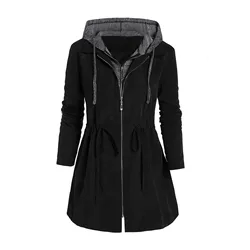 2023 New Fake Two-piece Set Hooded Outwear Jackets Women Drawstring Mid-Length Slim Windbreaker Winter Warm Outwear With Pockets