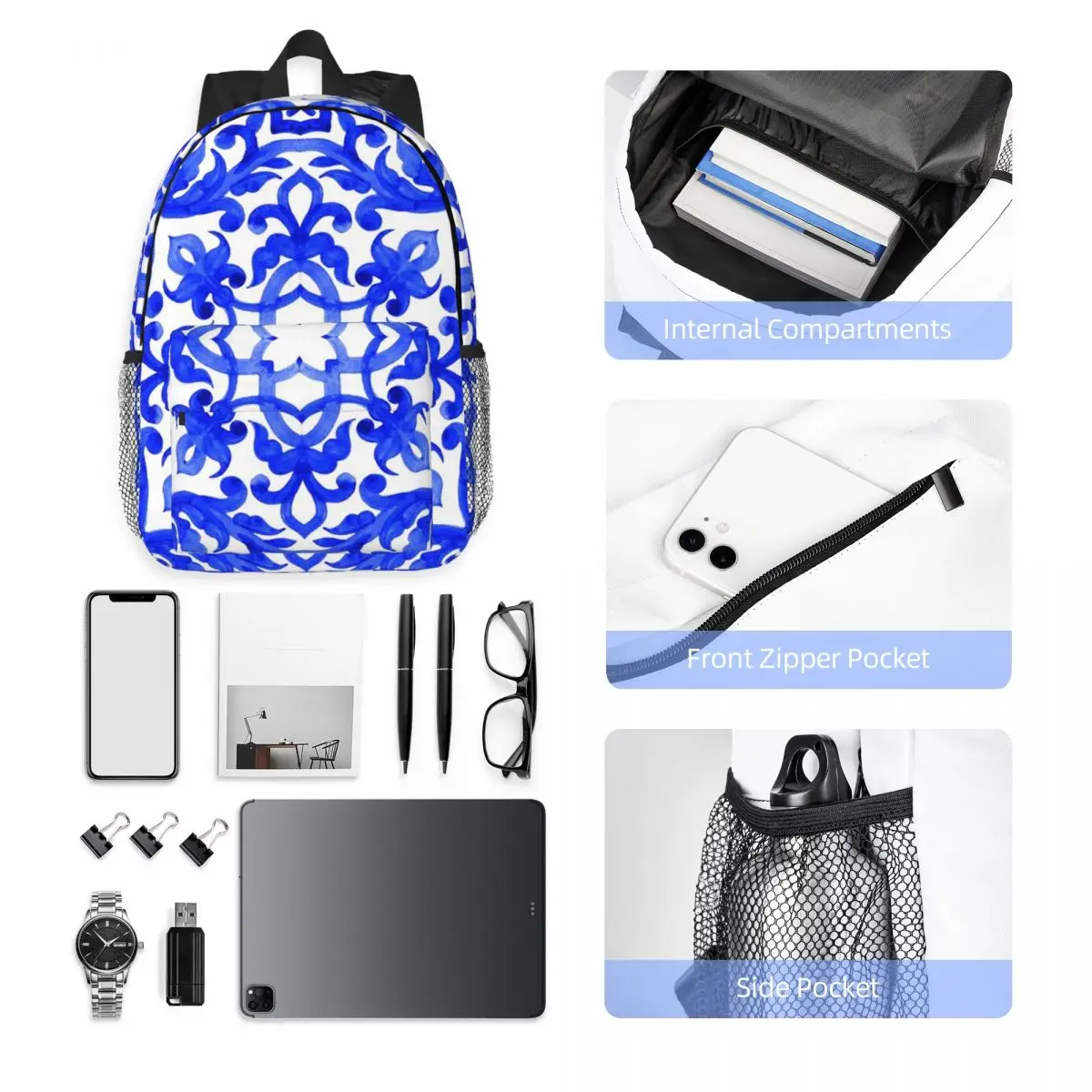 Portuguese Azulejo Tiles Backpack Hot Sale Daypack Large Capacity Boys Girls BookBag Shoulder Bags for Men Women School Bag
