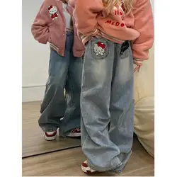 Sanrio Jeans Hellokitty High-Waisted Bootcut Pants Kawaii Anime Cartoon Print Cute Girls Autumn Winter American Retro Trousers