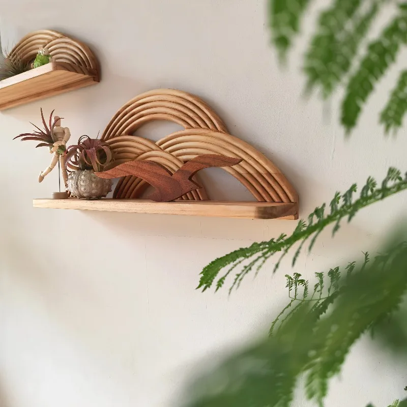 Mid Century Solid Wood Wall Mount Shelf Wavy Entryway Floating Rack Simple Plant Decorative Board Living Room Home Ornament
