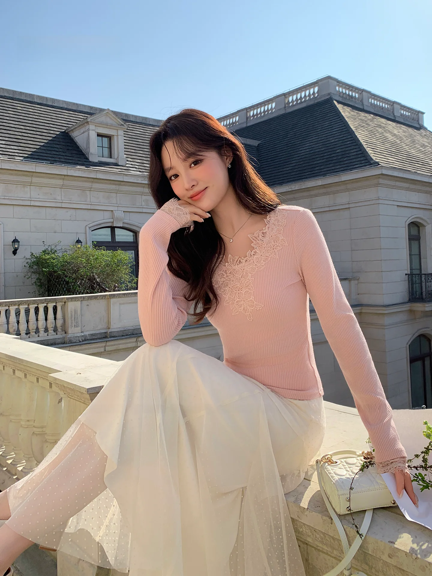 

Ele Lace Splice Knitted T-irt Women's oulder Length Patchwork Soft V-Ne Long Sve Color Spring New Arrival