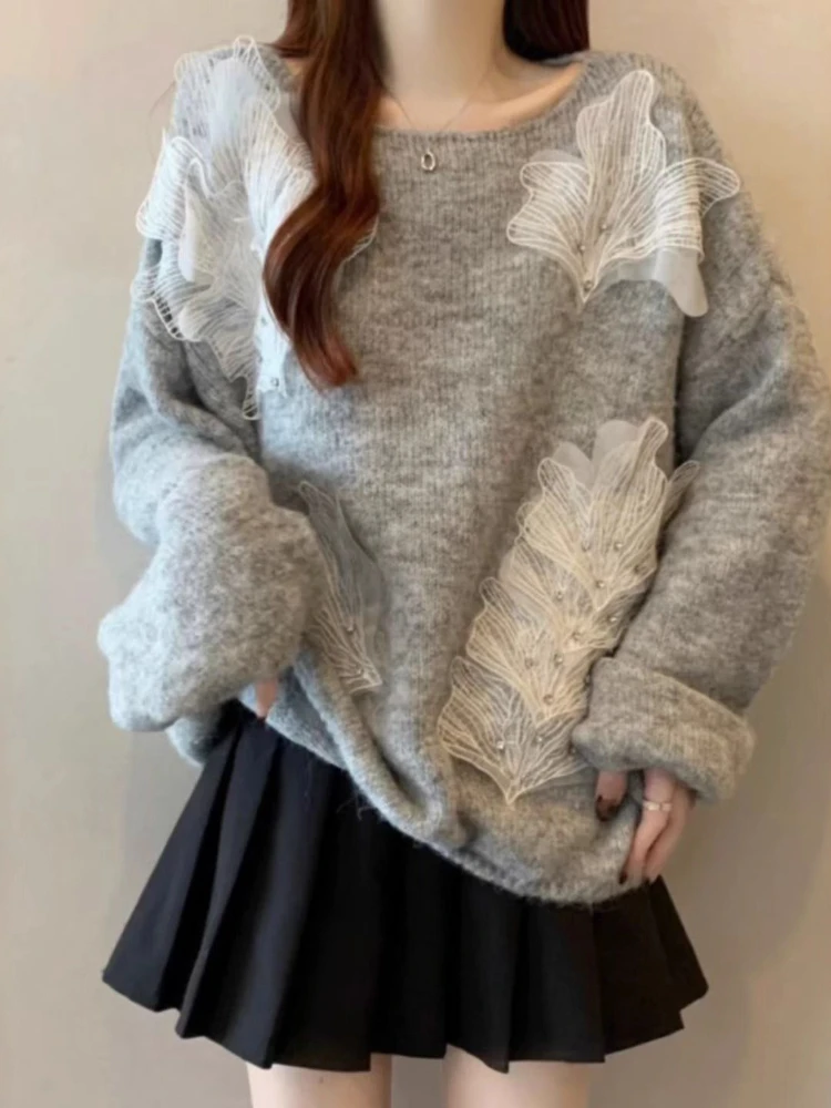 

Осень-зима 2024, новые пуловеры с длинными рукавами, кружевные свитера с трехмерными цветами, свободные вязаные топы, дизайн 2025, женская одежда