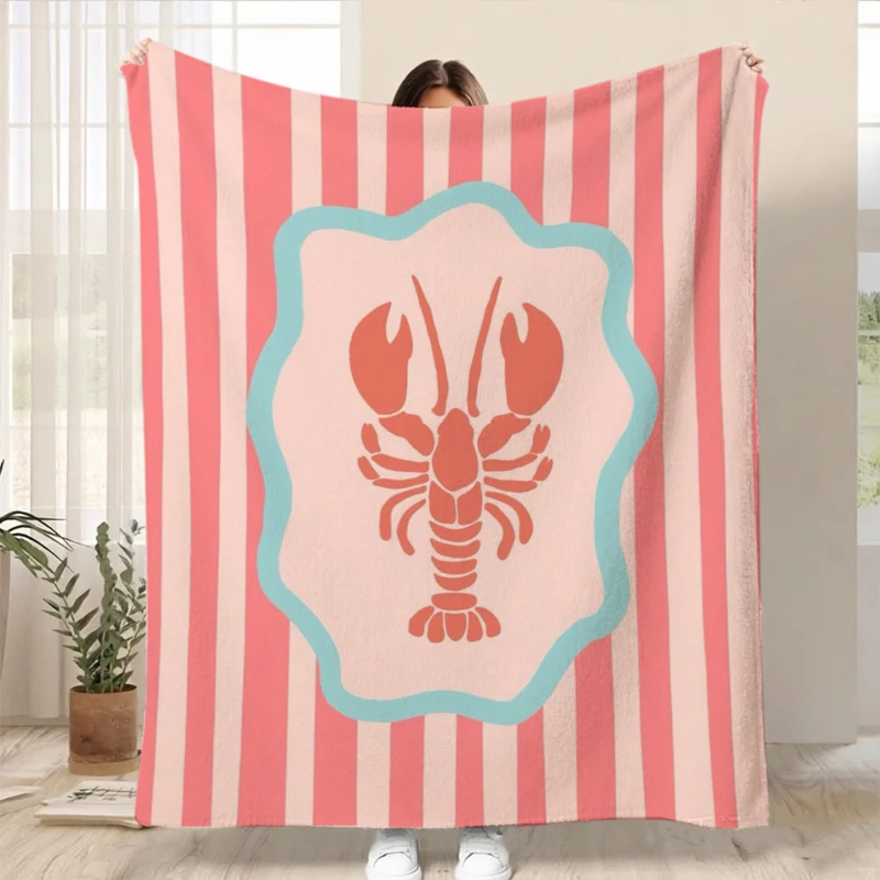Pink Background Red Lobster Starfish Crab Flannel Blanket For Coastal Bedroom Decor Soft Warm Throw Blanket Spread