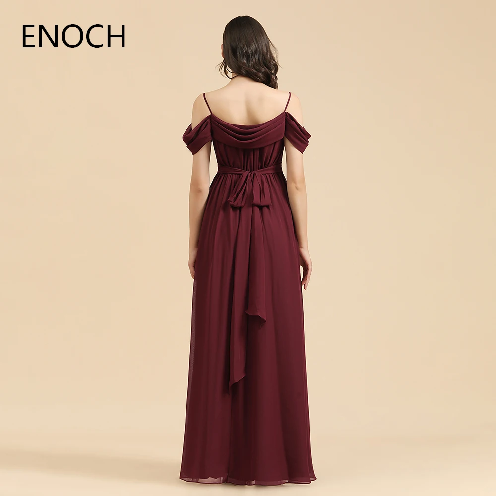 ENOCH Spaghetti Strap A-Line Bridesmaid Dresses Side Slit Off The Shoulder Chiffon Floor Length Wedding Party Gown Vestidos New