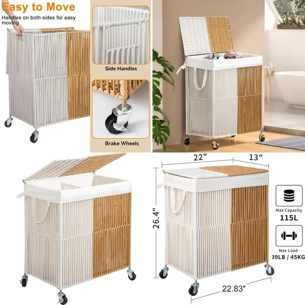 

Корзина для белья на колесиках с крышкой и съемной подкладкой, большой сортировщик объемом 115 л для организации прачечной, белый и натуральный