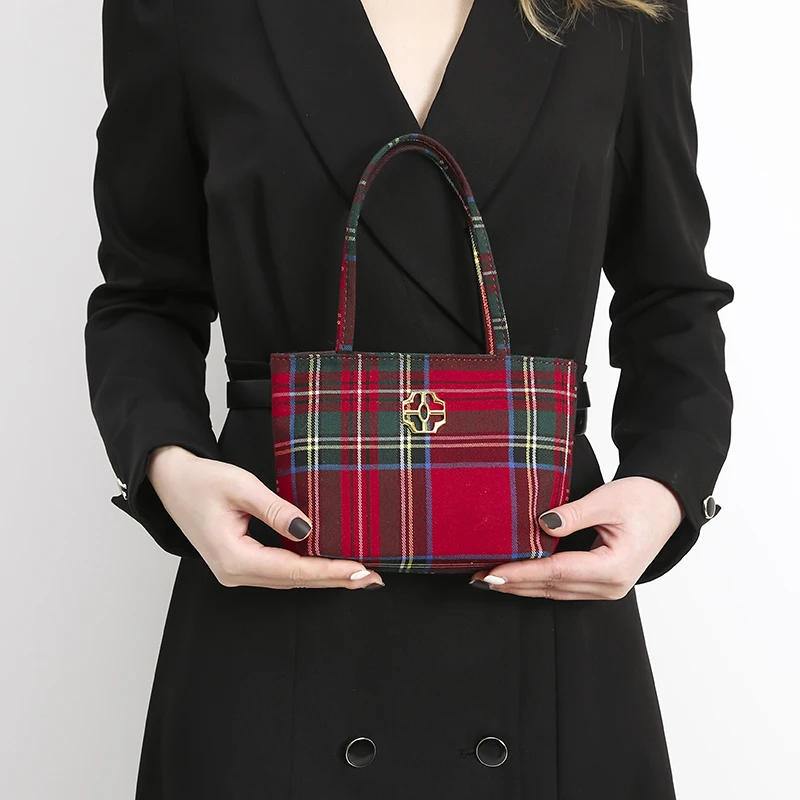 Red Plaid Tote Mini Square Bags For Women Luxury Designer Handbag And Purse 2024 New In Fashion Wedding Light Underarm Shoulder