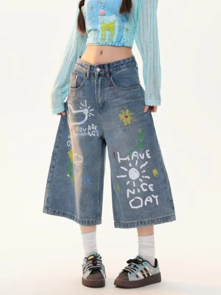 Women's Retro Style Cartoon Graffiti Print Denim Shorts Wide Leg Pant Summer Calf-length Trousers Female High Waist Capris Jeans