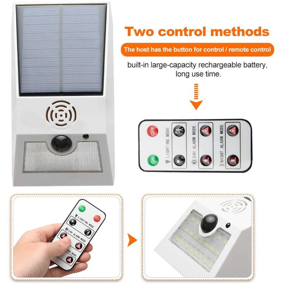 Luz de alarma Solar, luz estroboscópica Solar con Detector de movimiento, Detector de movimiento con Control remoto, blanco