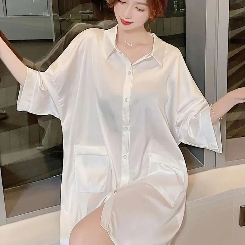 781012-2Large size shirt nightdress pajamas women spring and summer ice silk sexy lace thin section