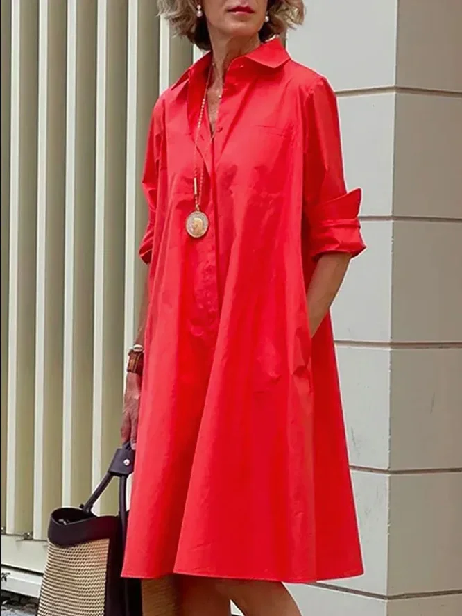 

Autumn New Simple Shirt Dress Casual Solid Color Long Sleeves Fashion Turn-down Collar Elegant Pocket Streetwear Female Dresses