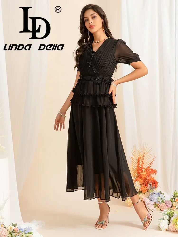 

LD LINDA DELLA Women's High-end Designer Goddess Dress 2024 New French Elegant Age Reduction V-collar Long Dress Women