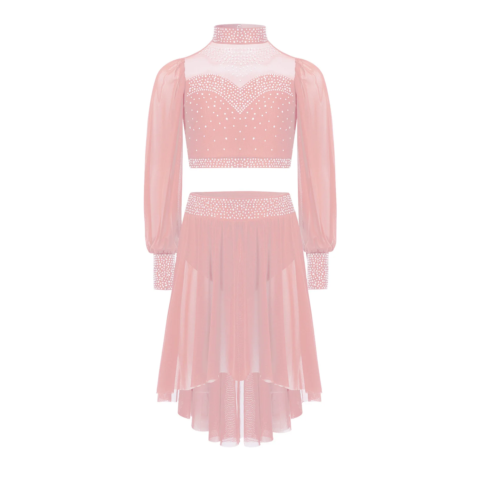 

Kids Girls Ballet Dance Outfit Sheer Mesh Cutout Back Long Sleeves Crop Top+Skirt for Figure Skating Lyrical Dance Performance
