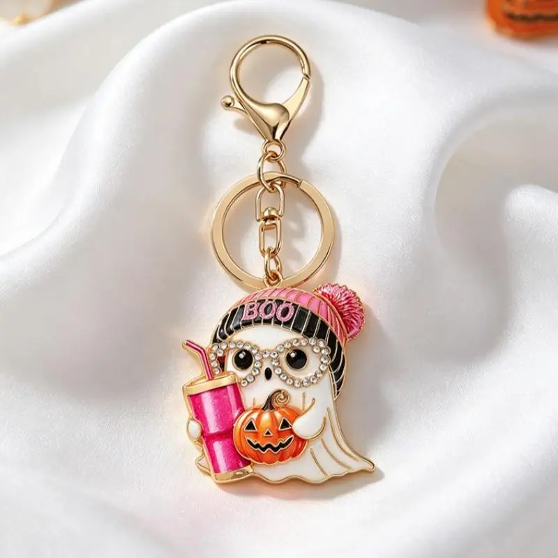 Gruseliger Halloween-Schlüsselanhänger, glitzernder Kristall-Geisteranhänger, rosa Strickmütze, Kürbis-Design, Rucksack-Charms, Partygeschenk – Detail 5