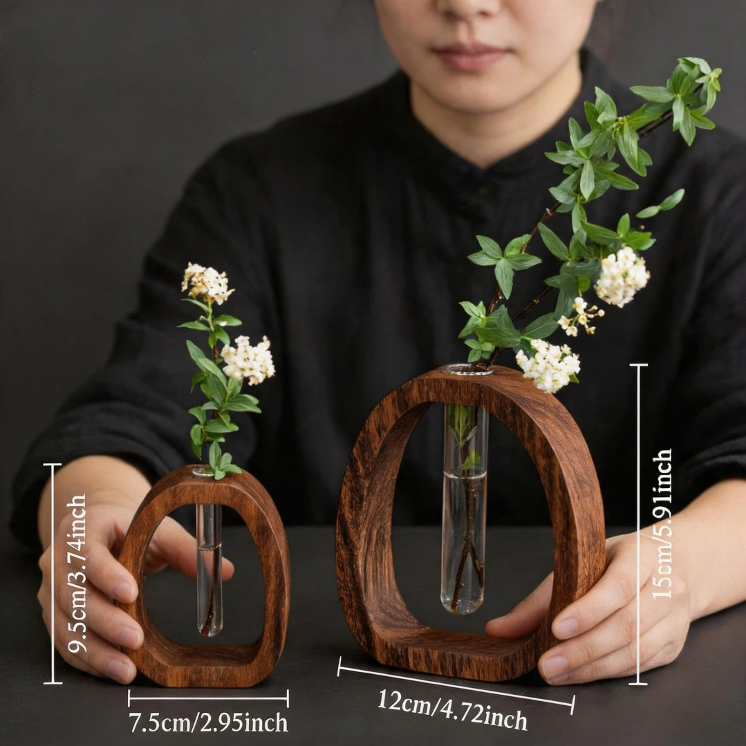 2Pcs/set Walnut Wood Glass Hydroponic Plant Container