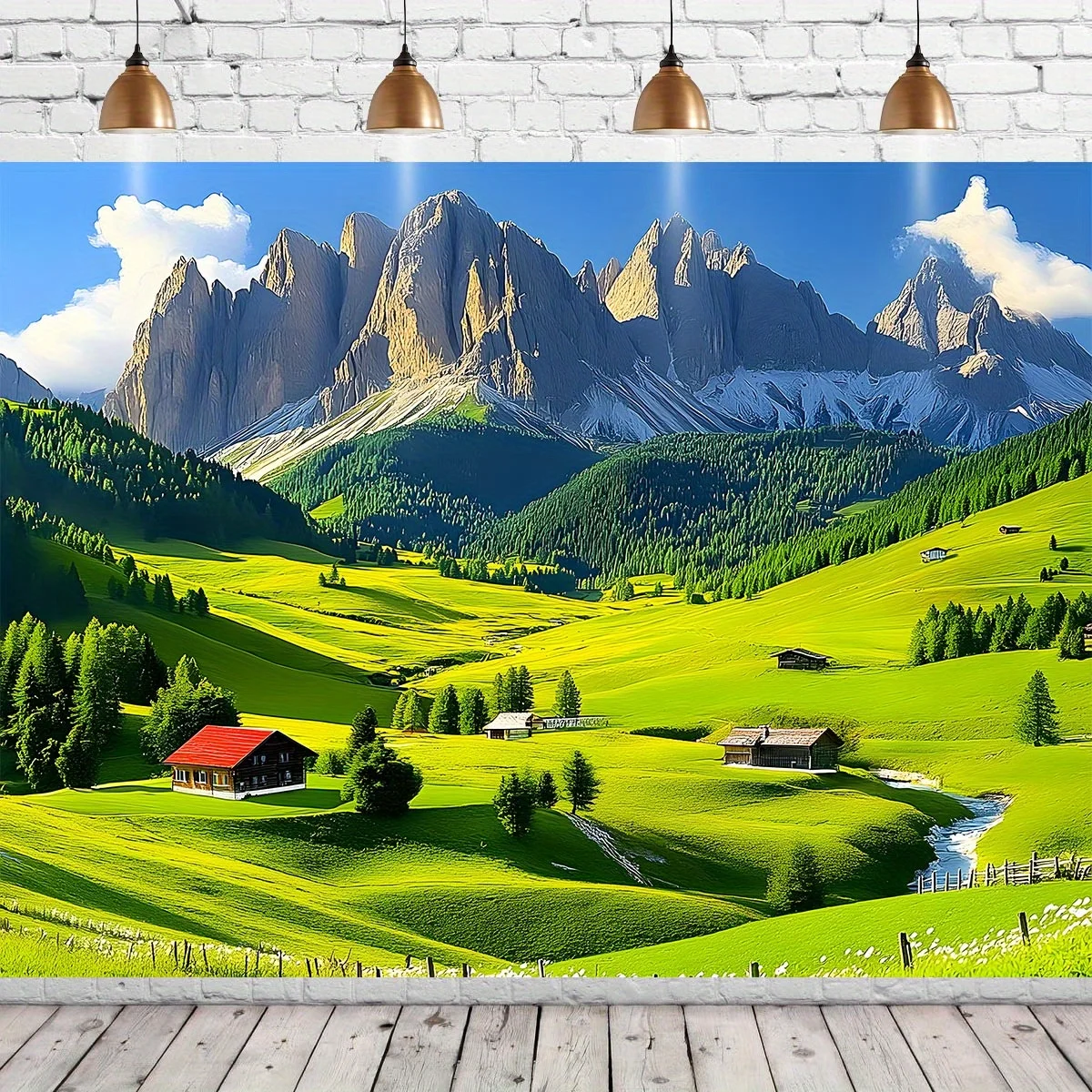 Alpine Mountain Meadow Green Valley House Tapestry Swiss Austria Landscape Blue Sky White Cloud Nature Scenery Wall HangingDecor