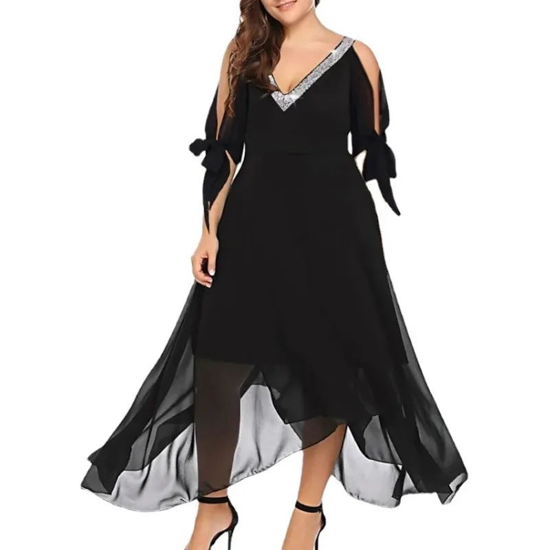 XL-5XL Sommerkleid Frauen 2023 plus Größe Kleidung 2023 Sommer Kurzarm Chiffon Irregualr elegante Abend party langes Kleid