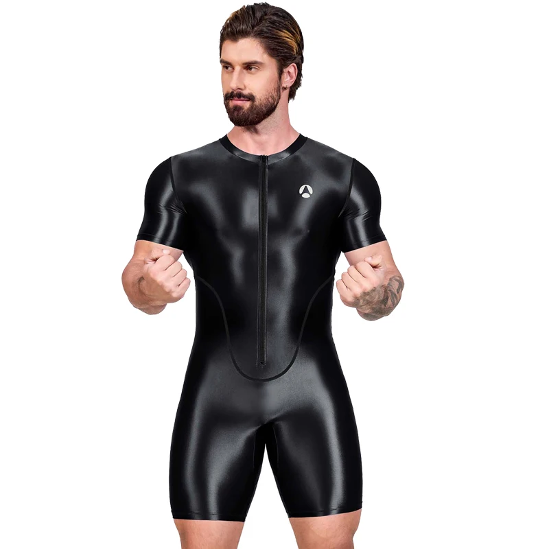 AMORESY Sexy Gloss Men's Sports Oily bodysuit Cycling, swimming, fitness, running leisure Shiny Tight Diving surfing suit