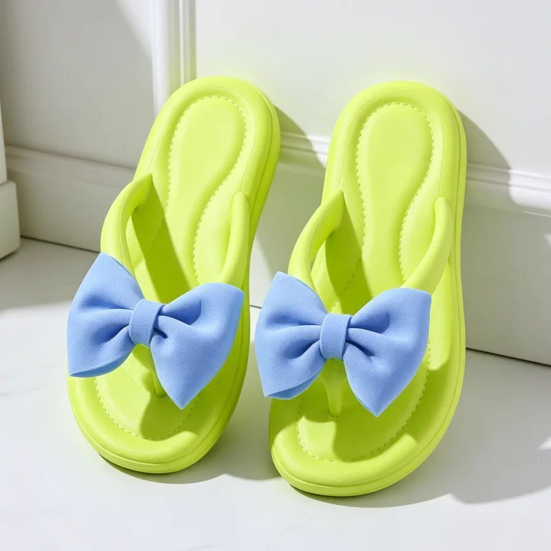2026 Summer Women Cute Bow EVA Flip Flops Couples Solid Color Waterproof Non-Slip Sandals Adults Wear-Resistant Beach Slippers