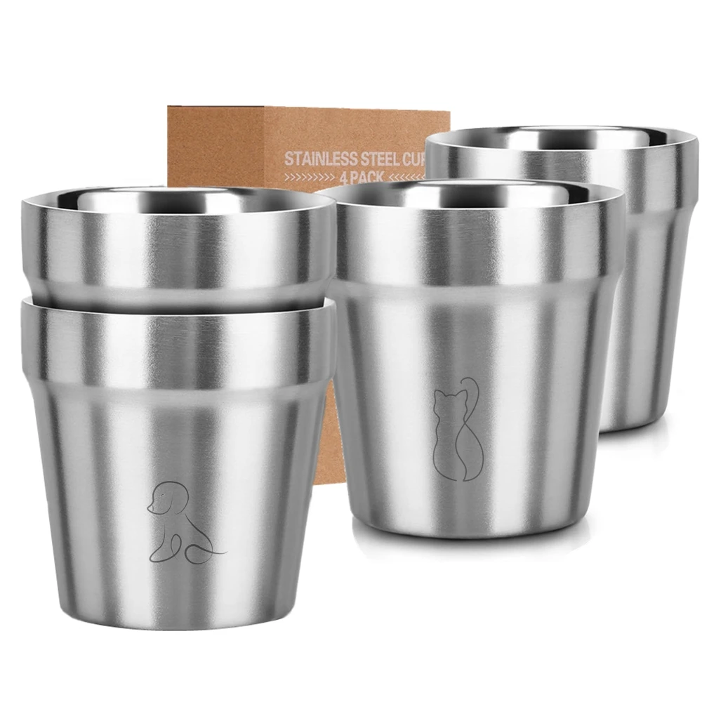 Paquete de 4 tazas de Metal de 175ml, vasos de Metal de doble pared, taza de agua reutilizable de acero inoxidable, tazas de Camping para el hogar, tazas de viaje al aire libre