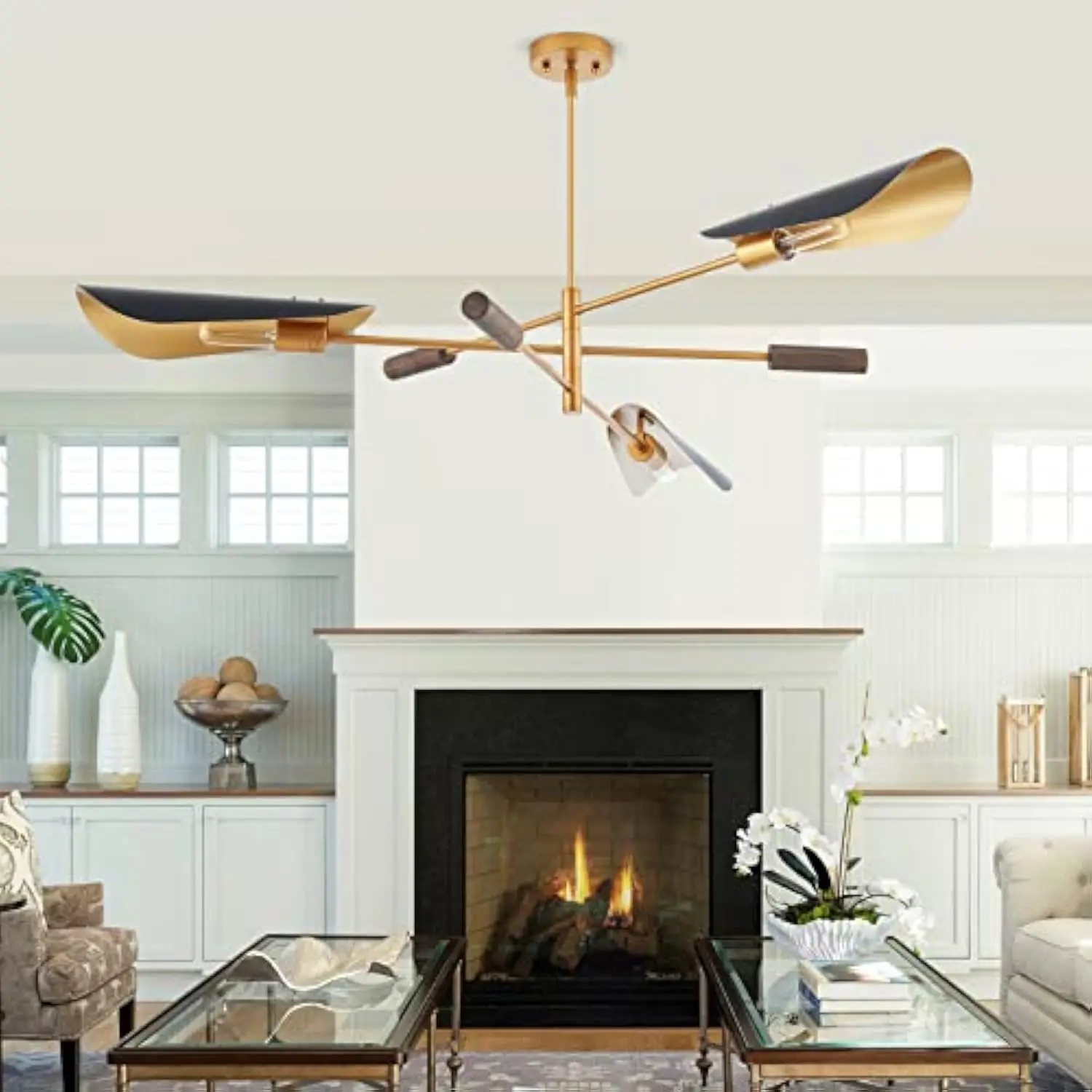 

51" Industrial Farmhouse Chandelier with Antique Brass Brush Paint and Matt Black Finish, Wood Pendant Lighting Fixture for Din