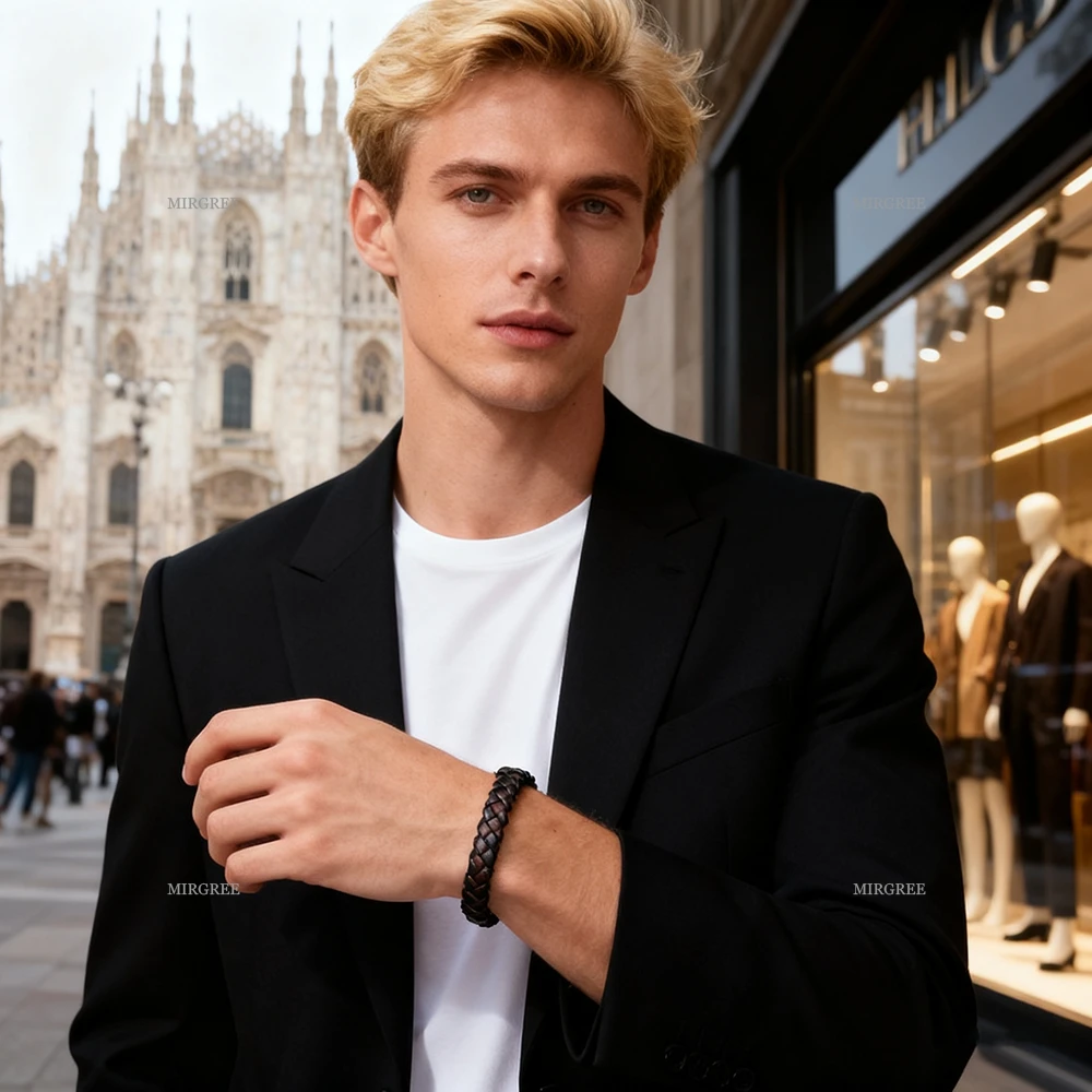 قطعة واحدة من سوار جلد البولي يوريثان المنسوج باللون الأسود والبني للرجال، مجوهرات عصرية عتيقة، هدية مثالية للرجال للمغامرات الخارجية #4