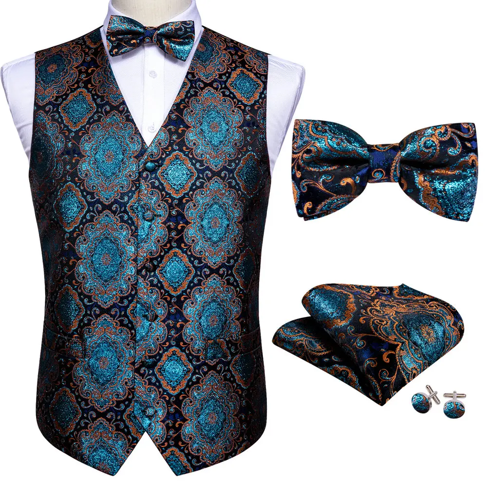 

Blue Floral Silk Vest Waistcoat Men Suit Vest Silver Butterfly Handkerchief Cufflinks BowTie Vest Barry.Wang Business Design