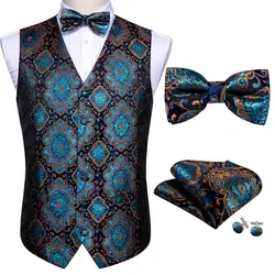 Blue Floral Silk Vest Waistcoat Men Suit Vest Silver Butterfly Handkerchief Cufflinks BowTie Vest Barry.Wang Business Design