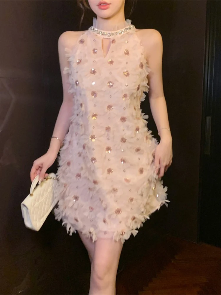 Sequined Party Dresses Sweet Pure Design Wind Sexy Mini Dress Three Dimensional Flowers Vestidos