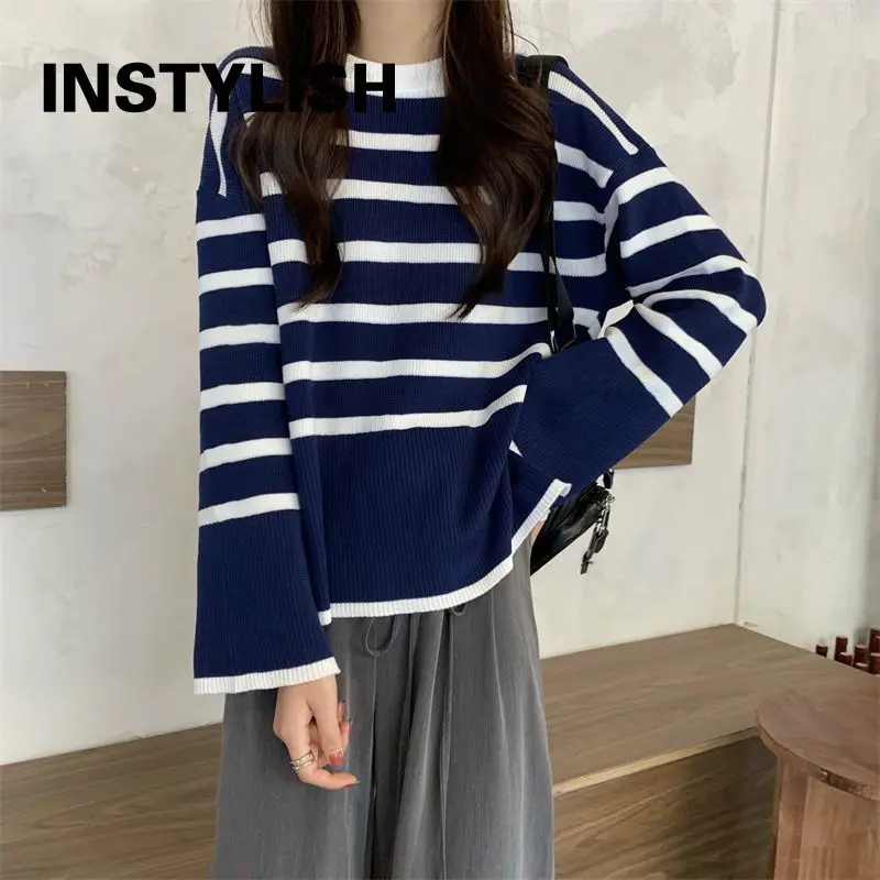 Korean Striped Loose Sweater Women Autumn Winter Elegant Harajuku Knitted Pullover Retro O Neck Oversized Tops Streetwear Jumper