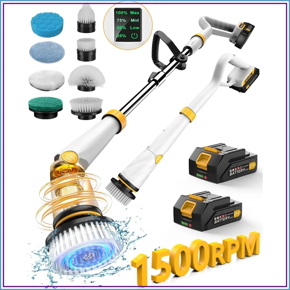 

Electric Spin Scrubber 1500 RPM Cordless Cleaning Brush with 2 Batteries, Smart Display, 8 Brushes, Adjustable Handle, IPX7 Waterproof