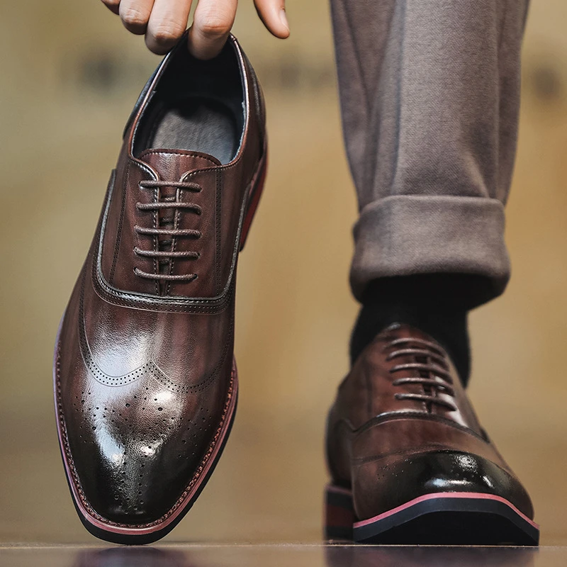 Men Plus‑Size Low‑Top Lace‑Up Brogue Carved Leather Shoes Groom Wedding Dress Shoes British Style Business Formal Suit Office Pa
