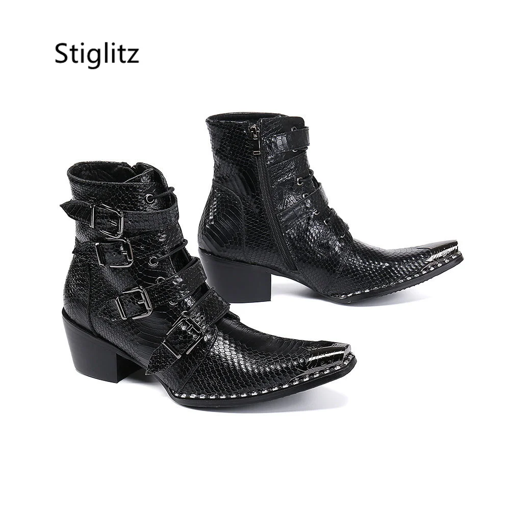 Belt Buckle Men's Ankle Boots Iron Toe Genuine Leather Business Shoes British Style Short High Heels Zip Lace Up Western Boots