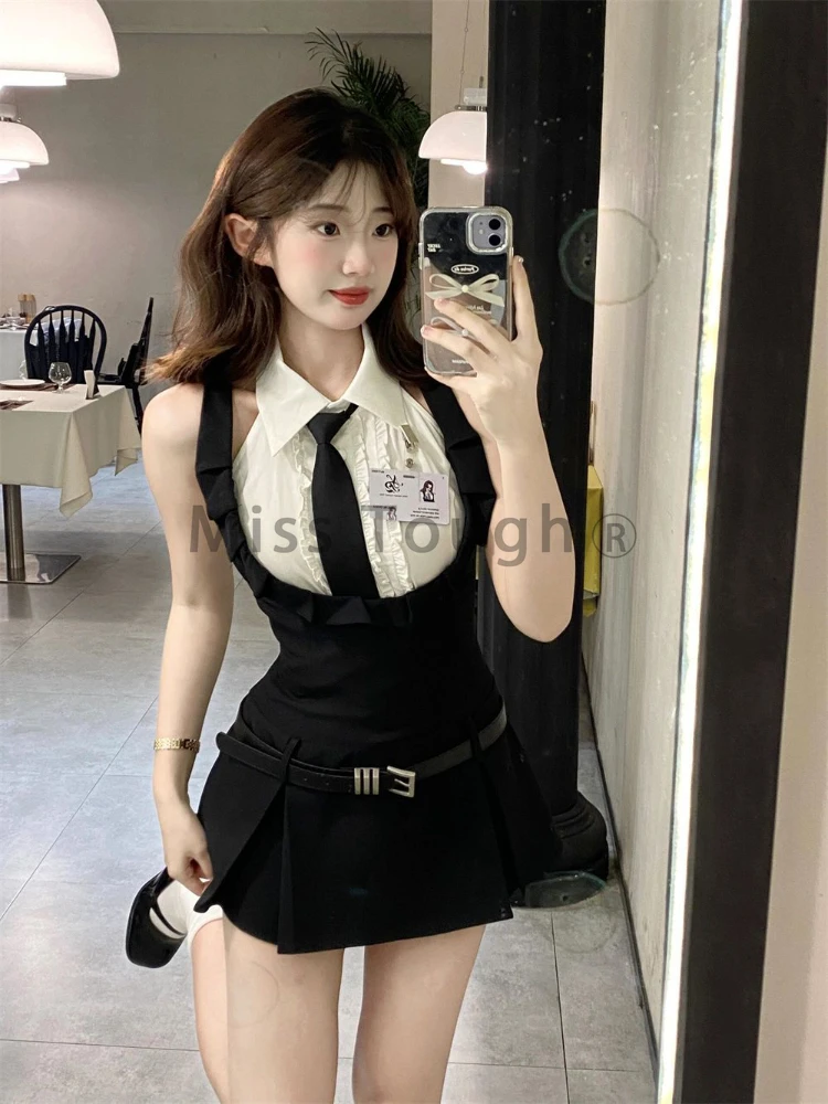 American Y2k Jk Uniform 2 Piece Set Summer Vintage Sleeveless Shirt + Hanging Neck Dress Suit Aesthetic Korean Fashion Sets 2024