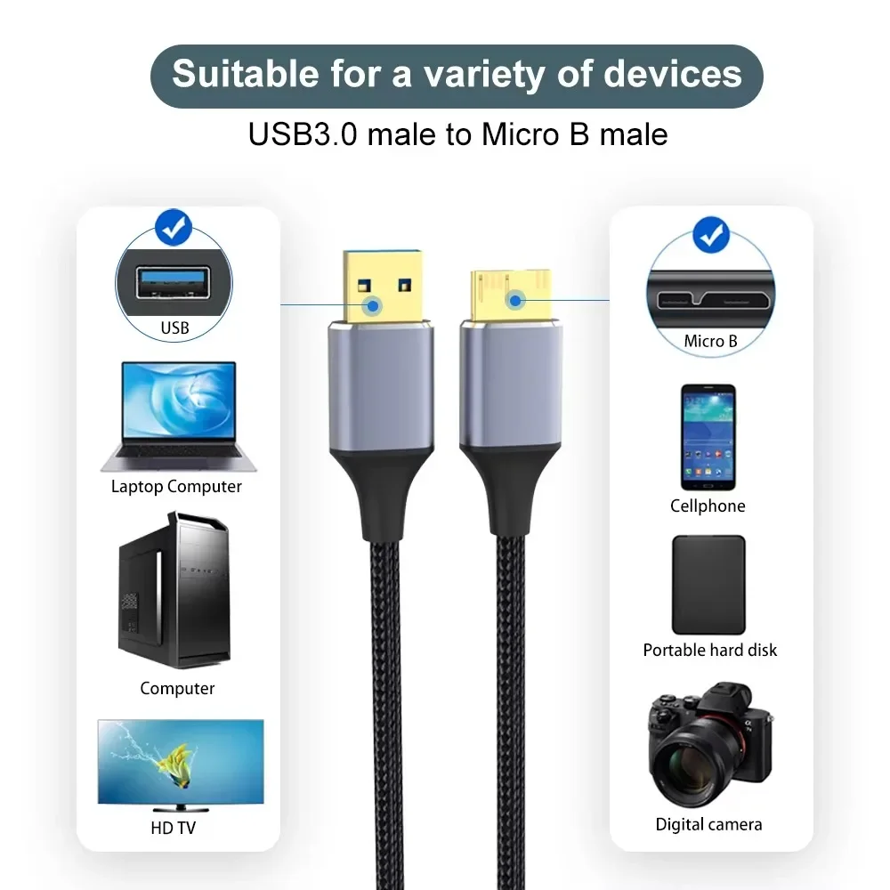 0.5m/1m/1.5m/2m USB 3.0 Type A to USB3.0 Micro B Male Adapter Cable 5Gbps Fast Data Sync Cable for External Hard Drive Disk HDD