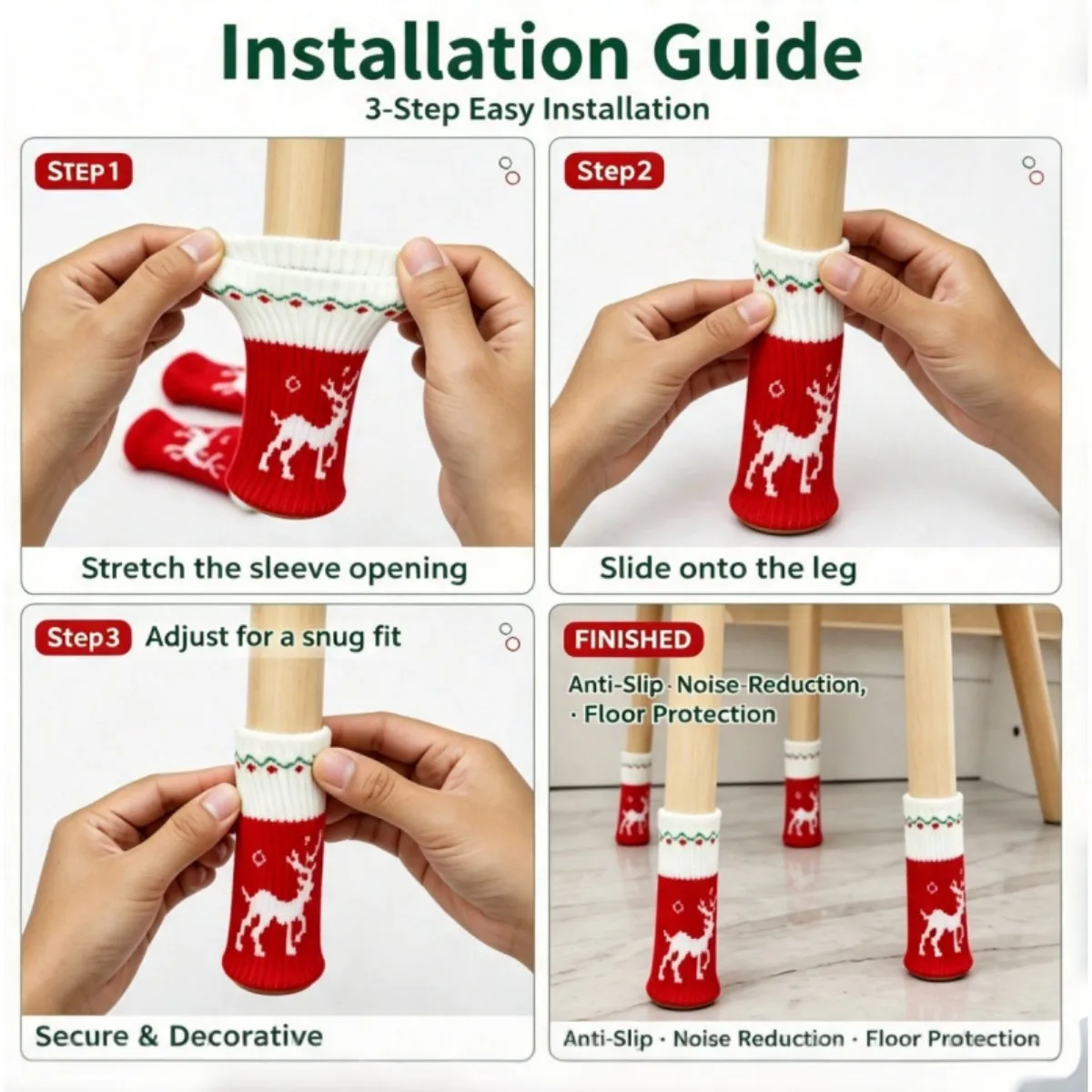Christmas reindeer knitted chair leg cover, anti slip, dining table chair leg furniture protective cover