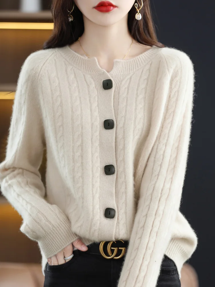 New Fashion 100% Women Merino Wool Sweater Solid O-Neck Cardigan Knitwear Striped Pattern Single Breasted Cashmere Autumn Winter