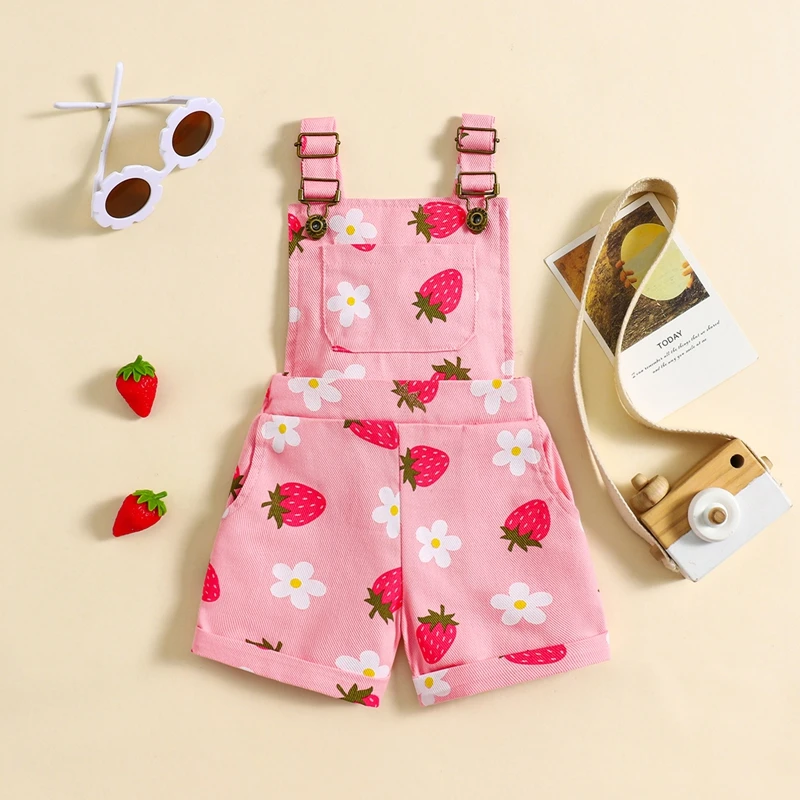 Little Girl Denim Overalls Flower Strawberry Print Jeans Overalls Strap Suspender Shorts Outfit