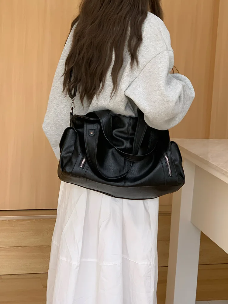 2026 Nuevo Negro Vintage texturado bolso de gran capacidad Crossbody hombro manija superior bolso para las mujeres