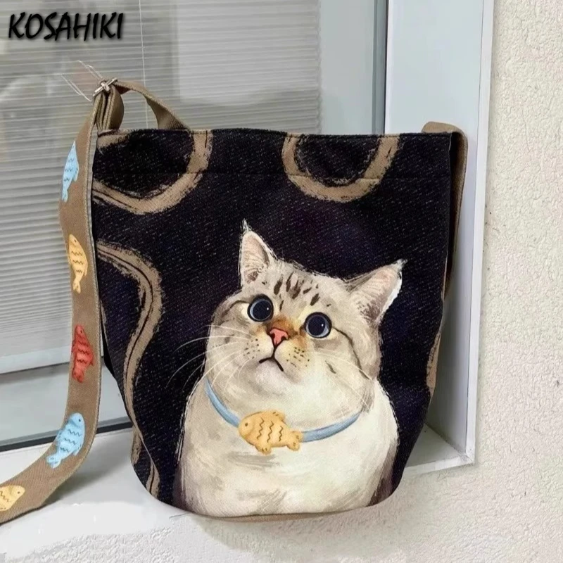 

Japanese Fashion Cute Cartoon Cat Print Shoulder Bags All Match Streetwear Shopping Underarm Bag Women Y2k Sweet Kawaii Handbags