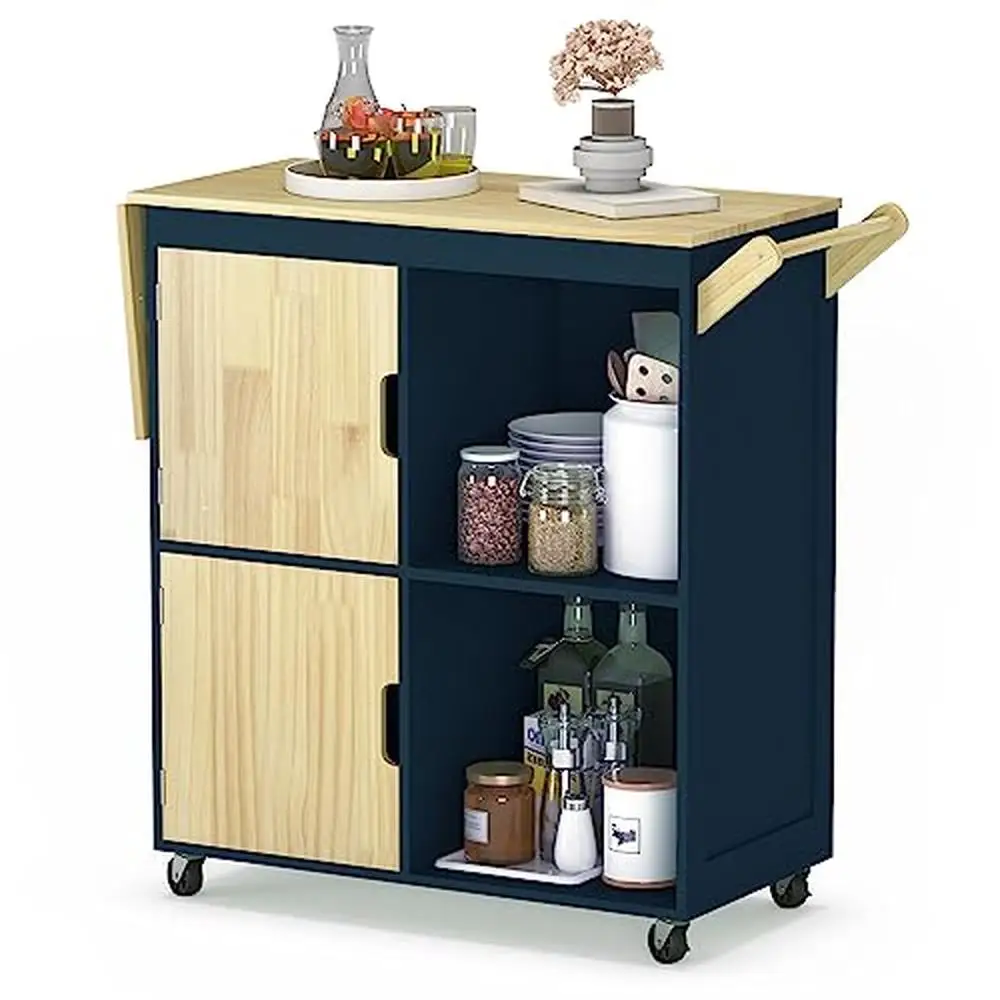 

Rolling Kitchen Island Storage Cabinet Nordic Style Drop Leaf Countertop Handle Adjustable Shelves Caster Liquor Cart 360 Degree