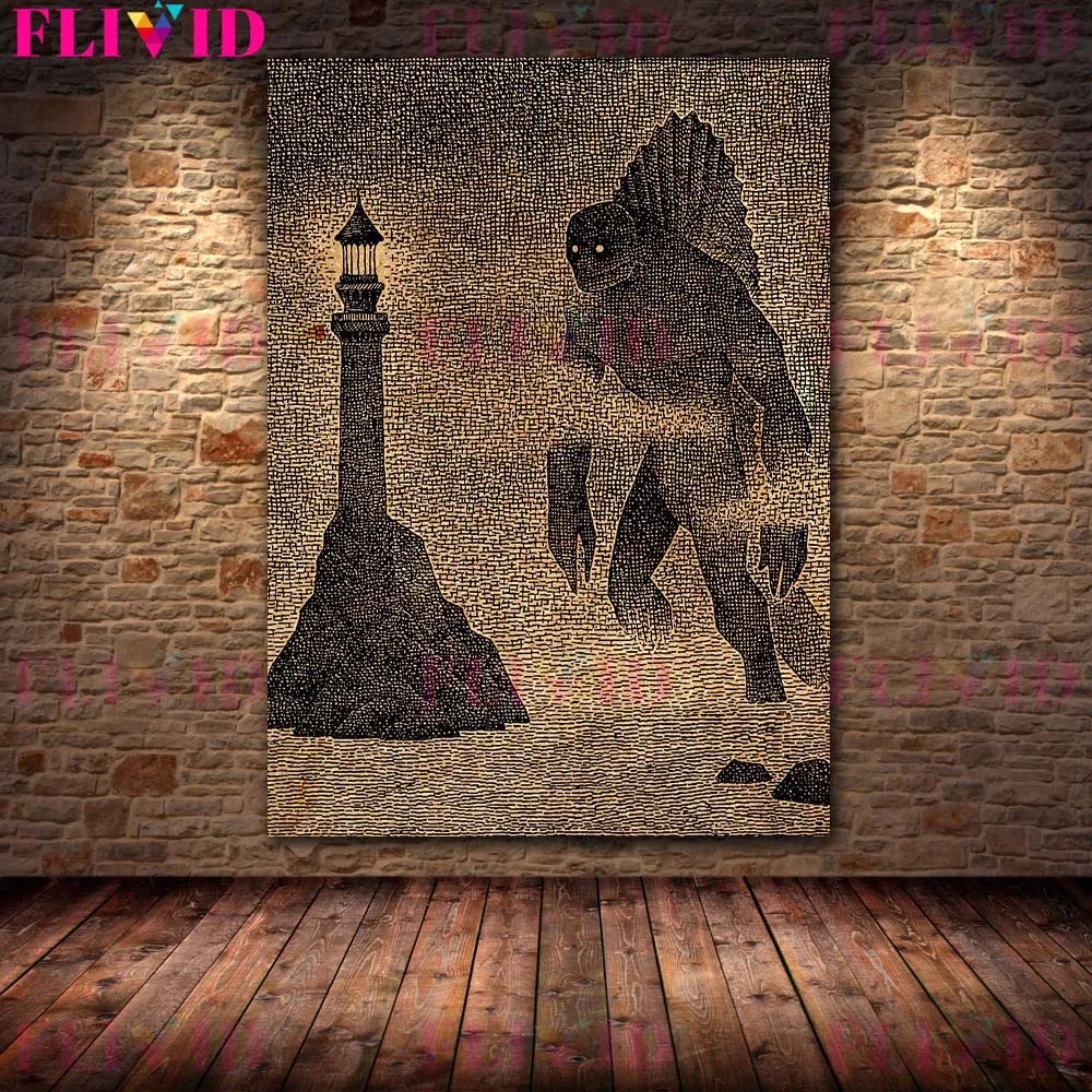 Dark Fairy Tale Pencil Drawing Wall Art Canvas Painting Cyclops,Candle Man,Sea Monster,Vampire Vintage Art Poster Print Decor