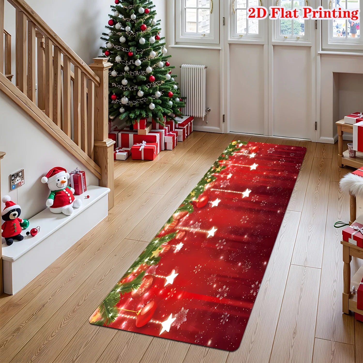 Red Glowing Star Christmas Runner Rug Pine Bauble Light Spot Print Long Floor Rug Romantic Xmas Entry Kitchen Home Decor Rug