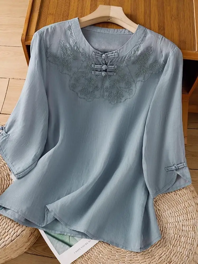 

Linen Women's T-shirt Sleeveless Three-quarter Sleeve Lightweight Summer High-end Fashion Chinese Style round Neck Shirt