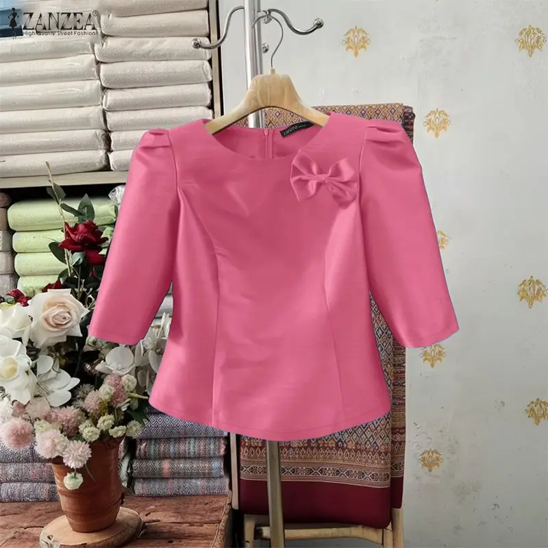 ZANZEA 여성용 우아한 새틴 블라우스 고급스러운 공주 스타일 반소매 뒷지퍼 슬림핏 숏탑 여름 여성 의류 3XL