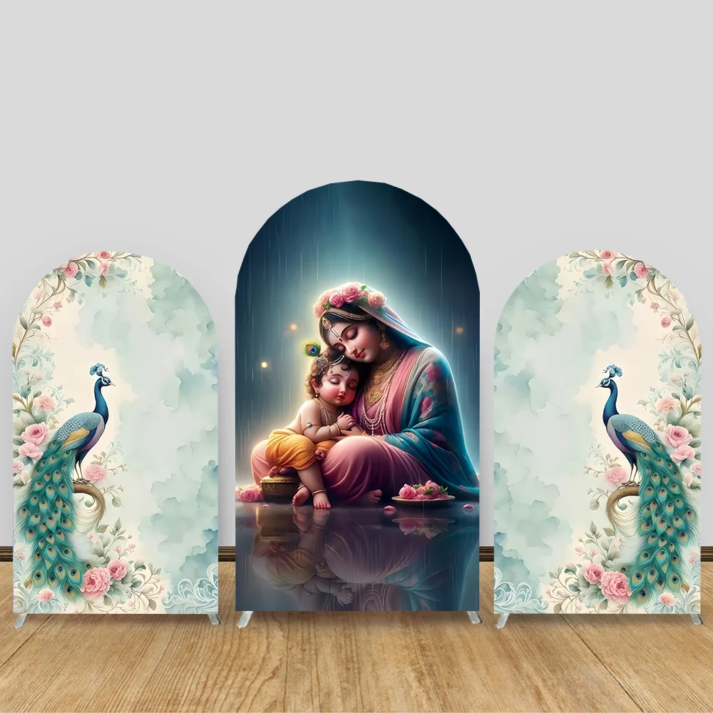 Custom 2-Sided India Yashoda and Krishna Peacock Birthday Party Baby Shower Cover Chiara Arch Background Decor Backdrop