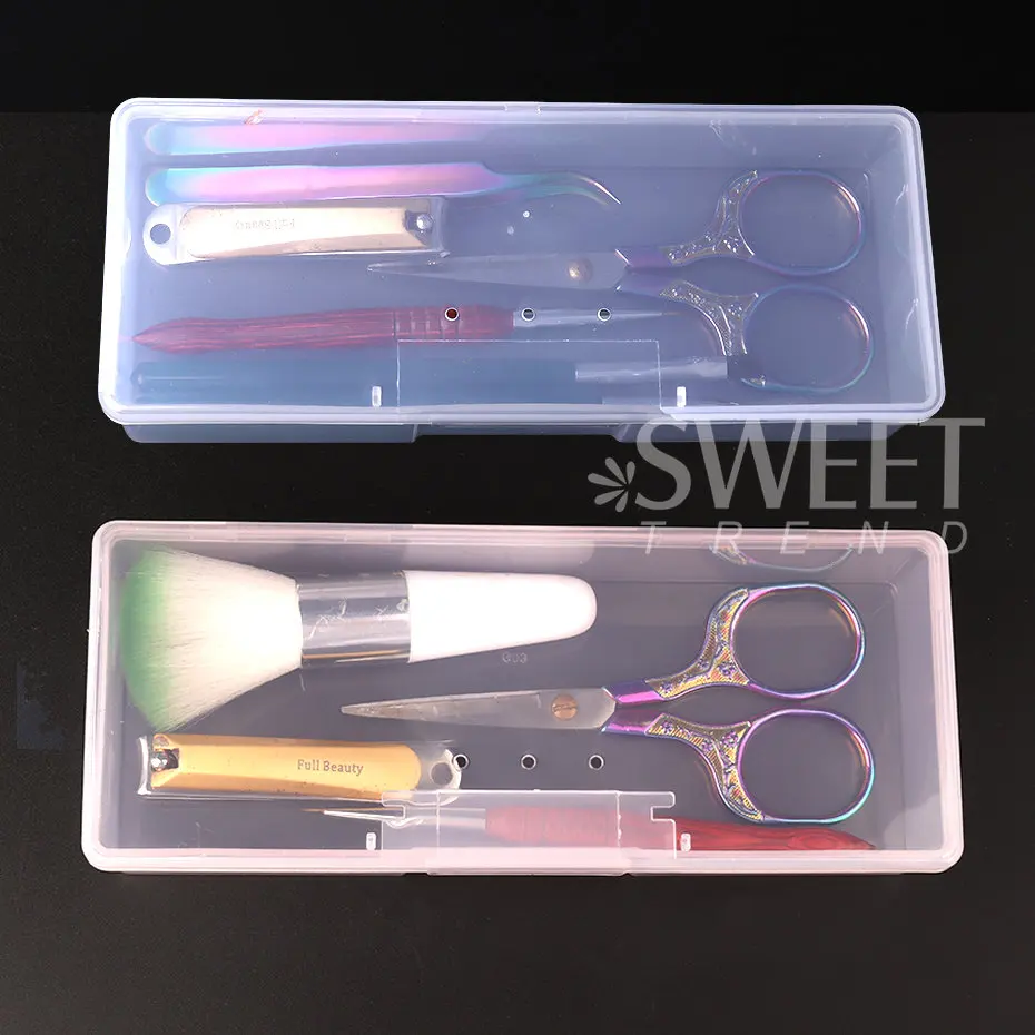 Nails Art Organizer Box Storage Tools Rectangle Clear Pink Storage Box Pen Brush Polishing Nail Buffer Files Plastic Container